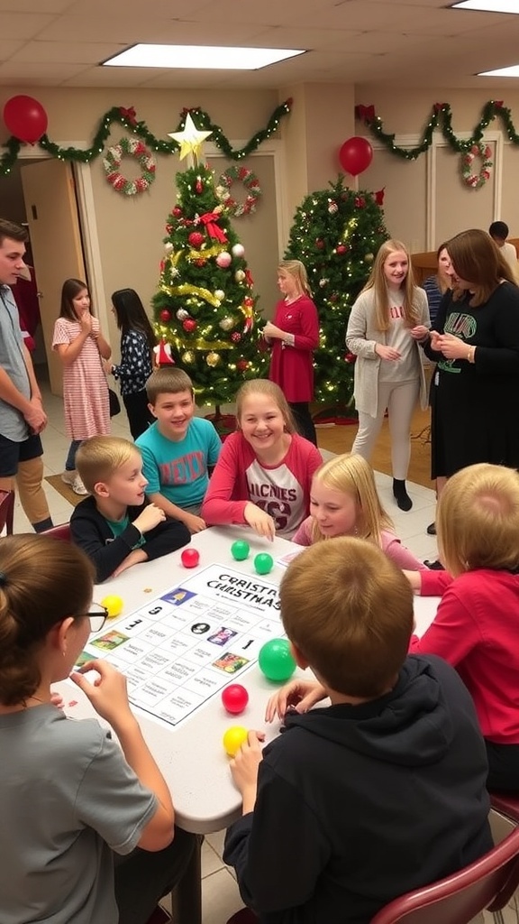 6th graders enjoying Christmas party games with decorations and a festive atmosphere.